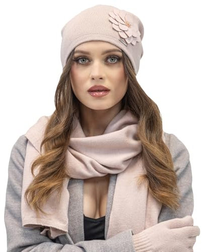 VIVISENCE Bonnet Et Écharpe Femme pour L'automne Et l'hiver Ensemble Chaud en Laine avec Doublure Antistatique pour Les Froids Jours Et Les Activités en Plein Air 7010Kmpl, Rose Poudré,Taille Unique
