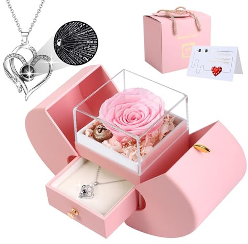 nadong Preserved Pink Rose Box with I Love You Necklace 100 Languages, Gifts for Her Mom Wife Women Sister Grandma Girlfriend,Gifts Ideas for Valentines Day Christmas Birthday Mothers Day Anniversary
