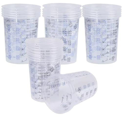 FiTspi 25 vasos de mezcla de plástico transparente, 600 cc, 600 ml, calibrados resistentes a disolventes, jarras medidoras transparentes reutilizables para mezclar resina, pintura, manchas epoxi