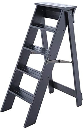 SIAMZYWV Wooden Folding 5-Steps Ladders Stool Black,Multifunction Climb Ladder Shelf, Portable Stepladder Chairs for Home Kitchen or Garden