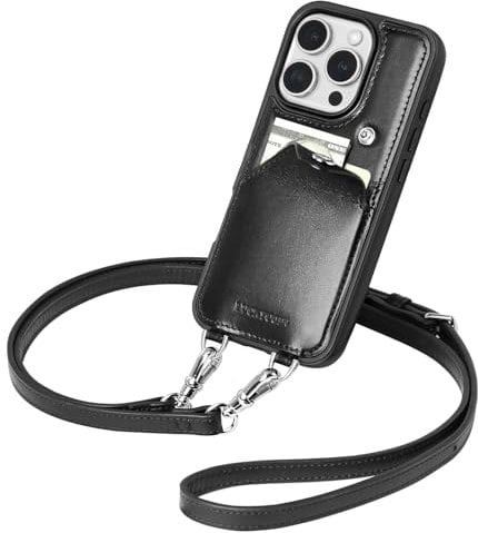 LUCKYCOIN Leather Wallet Phone Case for iPhone 16 Pro with Wrist Strap/Card Holder,Genuine Leather Travel Crossbody Case for Women,Purse Cover for Girl,Pouch Case with Adjustable Neck Cord-Black