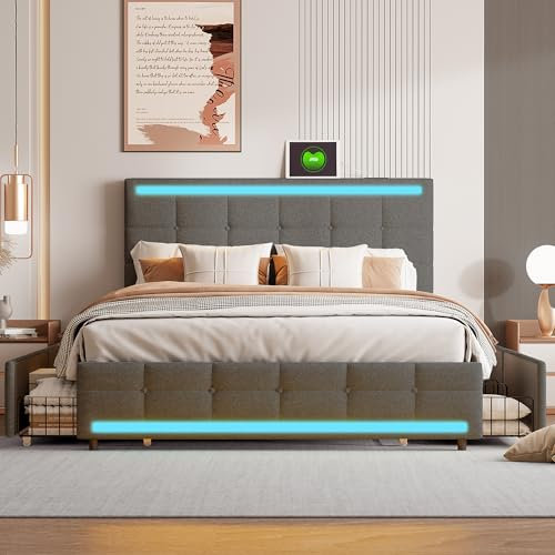 CoziFome Polsterbett 140x200 cm mit 4 Stauraum Schublade,Doppelbett, LED Kopfteil mit USB Ladefunktion, Rückenlehne Bett mit Stauraum und Lattenrost, Stauraumbett, Leinen (Grau-45)