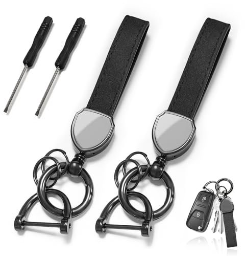 xuefenfei 2 Pièces Cuir Porte Clef Voiture, Universel, D-Anneau Anti-Perte, Cadeau pour Femme et Homme (Noir)