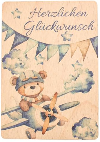 herz-wuid Geldgeschenk Kind Geburt - Geschenkkarte aus Holz - Geschenk Junge Mädchen,Geschenk zur Geburt, Geld verschenken Geschenkverpackung Kindergeburtstag Gutschein Wunscherfüller (Bär Flugzeug)