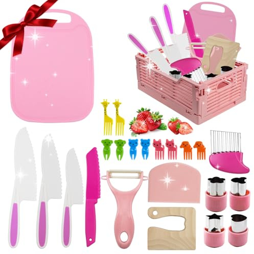 24PCS Kids Kitchen Knife Set, Safe Toddler Knife Set for Chopping | Knifes,Foldable Storage Box,Kids Cutting Board,Cookie Cutters,Y-Peeler, Fruit Cutters Shapes, BPA Free for Educational Fun