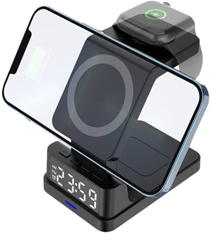 Radiowecker mit kabellosem Ladegerät, 15 W – Ladestation für / | LED-Display, Dual-Alarm, USB-Anschluss, ideal für Haus, Büro, Reise