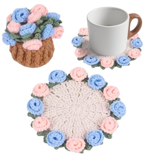 Fnaobai Handmade Crochet Coaster Set with Mini Basket -Boho Floral Coasters for Coffee Table Wedding Gift Housewarming, Birthday Vintage Rose Design (blue)