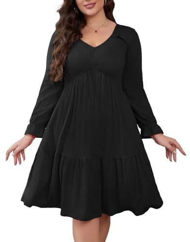 Damen-Midi-Langarmkleid, Übergröße, V-Ausschnitt, A-Linie, Rüschen, fließend, Herbst, Winter, Kleider mit Taschen