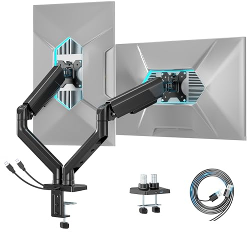 ARES WING Dual Monitorarm für 2 Monitore 17-35 Zoll, USB-A/C, Schwarz | Dual Monitorarm mit 2-12 kg Tragkraft, Monitorarm mit Kabelmanagement – Neig-/Schwenk-/Drehbar, VESA 75/100 mm