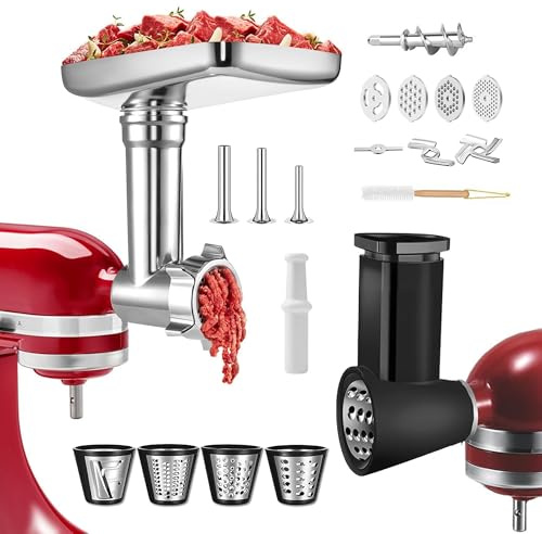 Kryvella Fleischwolf-Aufsatz für Kitchenaid | 4 Gemüseschneideaufsatz 4 Mahlscheiben 3 Klingen 3 Wurstfüller 1 Burgerpresse & Reinigungsbürste, Fleischwolf Zubehör Set