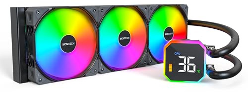 MONTECH HyperFlow Digital 360 CPU Liquid Cooler with 3100RPM Pump 360mm AIO 3×120mm E28 ARGB Fans, Real-Time Digital Display, Intel and AMD Support (Black)