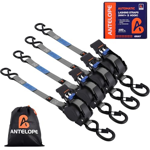 A ANTELOPE Automatik Spanngurt, Automatischer Spanngurtaufroller, 4 Stück | 3,6 m x 25mm, 340KG/680KG, Einziehbare Spanngurte mit Ratsche und S Haken für Motorrad, Kajak und LKW, Grau
