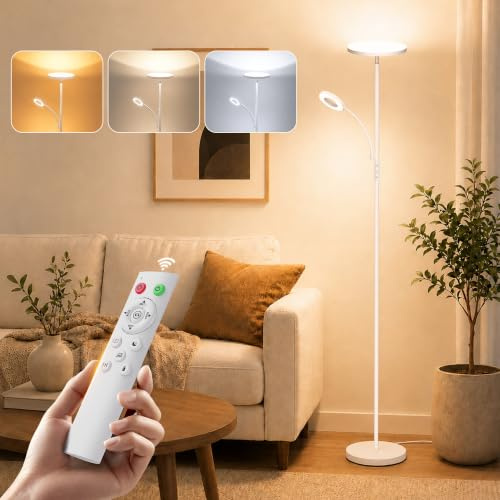 Torkase LED Stehlampe Wohnzimmer, 42W 4200LM Deckenfluter mit Leselampe, Dimmbare Mutter-Tochter Standleuchte mit Magnetischer Fernbedienung, 2700K-6500K Moderne Lampe Weiß