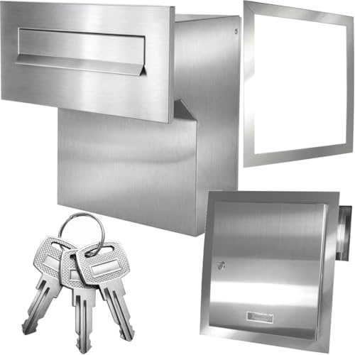 Mauerdurchwurf Briefkasten Edelstahl V2A SUS304 mit Rahmen verstellbar | Einbaubriefkasten für Mauer 190–260mm gebürsteter Edelstahl Frontplatte 350x160mm C4 Einwurf 260x36mm inkl 3 Schlüssel