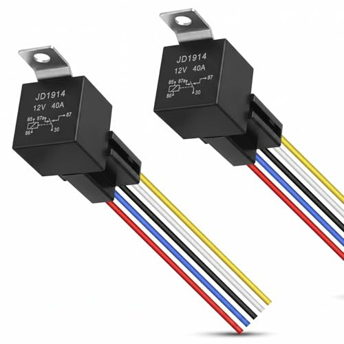 2 Piezas Relé Coche 12V 40A JD1914-5 Pines SPDT con Arnés 12AWG/16AWG, Toma y Soporte Metálico, Conmutador NO/NC para Auto, Camión, Moto, Barco, Luces, Claxon, Ventilador, Bomba, Accesorios