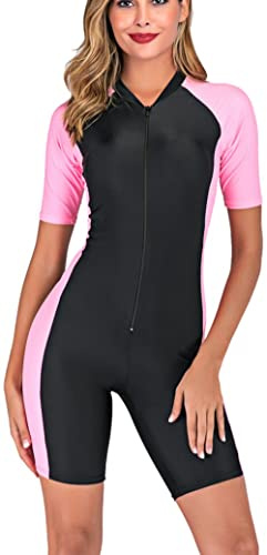 YEESAM One Piece Swimsuit for Women Girls Short Sleeved Zip Front Rash Guard Surfing Swimsuits Beachwear Modest Swimming Costumes Legsuit Swimwear (UK, Alpha, M, Regular, Regular, Pink)