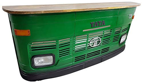 Theke Tata groß in grün LKW Front - Tresen mit Beleuchtung - Verkaufstheke im Vintage Look für Rezeption oder Empfang - Empfangstresen aus Metall und Holz - Empfangstisch im LKW-Design Bartisch