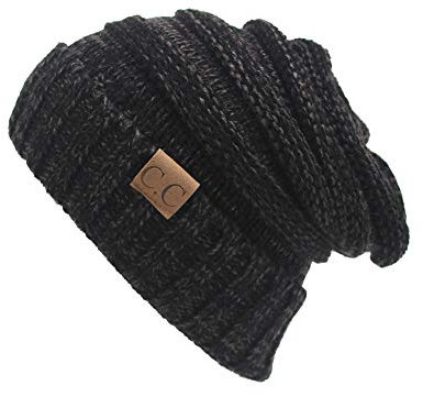 Damen Mädchen Gestrickt Verdicken Hut mit Zöpfen Loch Loop Beanie Pferdeschwanz Strickmütze Ponytail Wintermütze Schwarzgrau OneSize