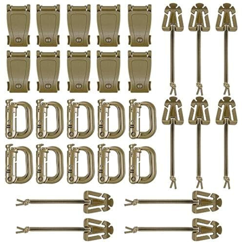 BOOSTEADY Kit of 30 Attachments for Molle Bag Tactical Backpack Vest Belt,D-Ring Grimloc Locking Gear Clip, Web Dominator Elastic Strings, Strap Management Tool Buckle