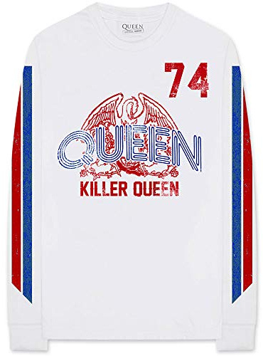T-Shirt Maniche Lunghe # L Unisex White # Killer Queen '74 Stripes