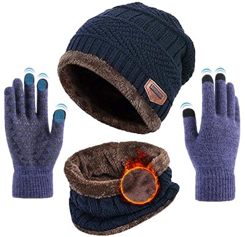 TMEOG Mütze Herren Damen Wintermütze Schal Handschuh Set, Beanie Strickmütze Haube Winter Loop Schal mit Fleecefutter Touchscreen Handschuhe Warme Mütze Schal Handschuh Sets für Herren Damen(Blau)