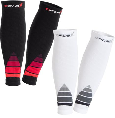 CFLEX Herren & Damen Sport Kompressions Stulpen (2 Paar) Wadenbandage - Weiss-Grau und Schwarz-Rot Mix L-XL