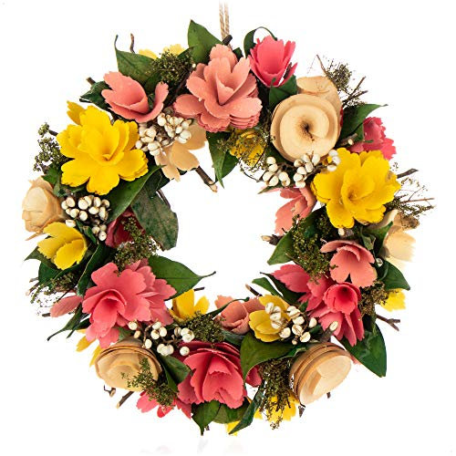 com-four® Ghirlanda per la Porta con Fiori di Legno - Ghirlanda Decorativa da Tavolo - Ghirlanda con Gancio - Diametro ca. 30 cm