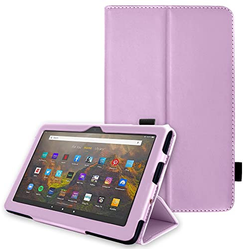 TECHGEAR Funda de Cuero Diseñado para Amazon Fire HD 10 (10,1) / HD 10 Plus (11ª generación, Modelo del 2021) - Carcasa Cuero PU Protectora Soporte y Correa de Mano - Lavanda