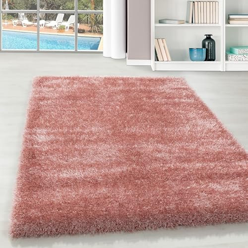 Tapis de Salon Unicolore Design Facile d'entretien Brillant Haute Pile pour Salon, Chambre à Coucher, Couloir Doux à Longues Taille: 120 x 170 cm, Couleur: Rose