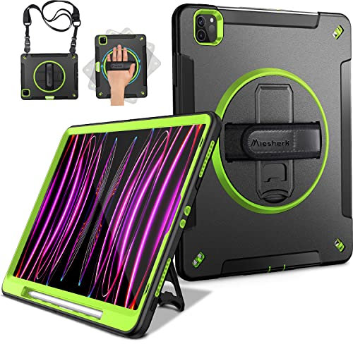 Miesherk Hülle für iPad Pro 12.9 2022/2021 6./5. Generation: Militärische Robuste 3-Schichte stoßfeste Schutzhülle Stifthalter - 360° Drehbare Ständer-Handschlaufe - Schultergurt -Grün