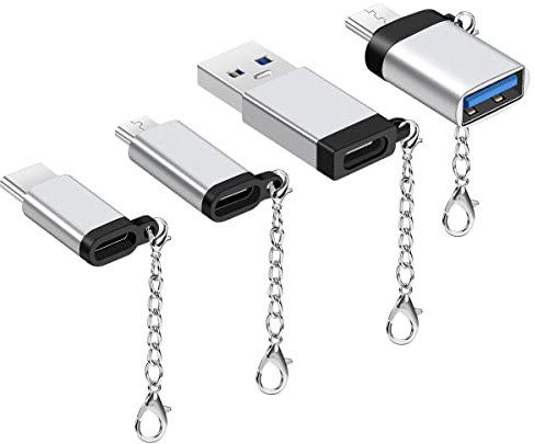 SZBHSKJ USB C Auf USB 3.0 [4 Stück] Und Micro USB Adapter - OTG Typ C Tragbar Mit Schlüssel - Für Huawei Mate 20, Samsung Galaxy, LG (Silber)