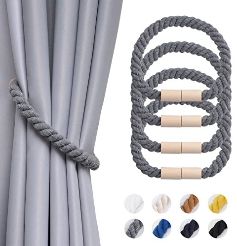 Pretty Jolly 4 Stück Magnetische Vorhang Raffhalter aus Holz, Boho, Heimdekoration, drapierte Raffhalter, handgefertigt, Baumwollseil, Vorhanghalter für Zuhause und Büro, Fenstervorhänge (Grau)