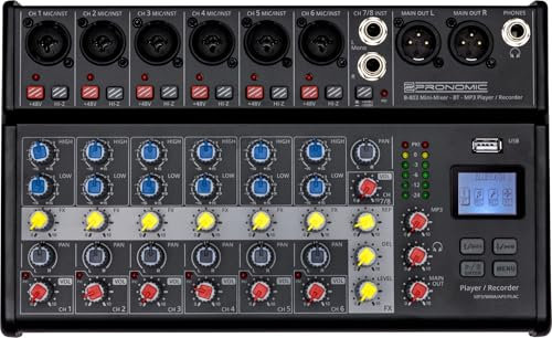 Pronomic B-803 Mini-Mixer mit Bluetooth und USB-Recording - Kompakter 8-Kanal Mixer - 6 Kanäle mit Combobuchsen, Phantomspeisung und Hi-Z Schalter - USB-Port - Main-Ausgänge im XLR-Format - Schwarz