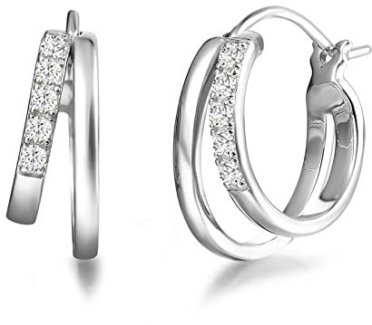 Creolen Ohrringe Breite Huggie aus 925 Sterling Silber mit Weißgold Plattiert mit Funkelnd Zirkonia Schmuck für Damen Frauen Mädchen - Durchmesser: 18 mm, Breite 7 mm