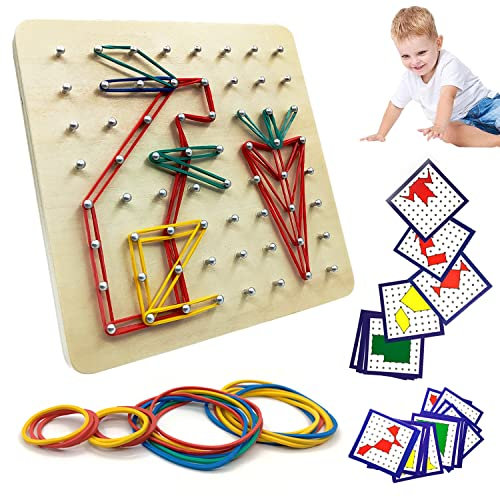 Goujfol Holz Geoboard Montessori Spielzeug Laubsäge Set für Kinder Geometriebrett Lernspiele Peg Board Form Puzzle mit Muster Karten und Gummi Bändern Knobel Kinderspiele ab 3+ Jahren