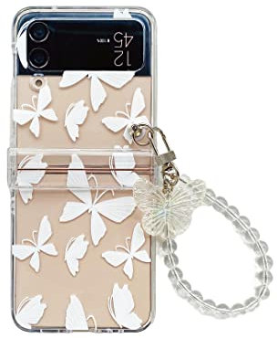 CrazyLemon Galaxy Z Flip 4 Hülle mit Kett, Klar Handyhülle mit Handykette Scharnierschutz Harte PC Schutzhülle für Samsung Galaxy Z Flip 4 5G 2022 für Frauen und Mädchen - Schmetterling