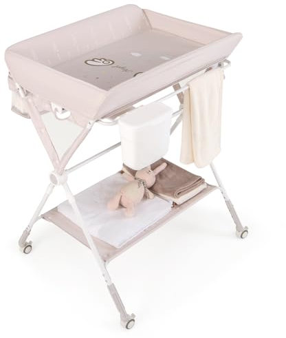 GOPLUS Table à Langer Bébé Pliante, Commode à Langer Réglable en 3 Hauteurs avec Roues Verrouillables, Poubelle, Panier de Rangement, Étagère, Ceinture de Sécurité, pour 0-12 Mois (Beige)