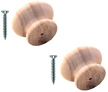 TERF® Traditional Unlacquered Pine Wooden Cupboard Cabinet Door Knob 60mm Drilled Wood Knob with Fixing for Chest Drawer Cupboard Kitchen Wardrobe Door Pull Handle Knobs - Pack of 2