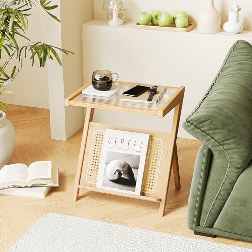 Bamworld Rattan Beistelltisch Boho Nachttisch Glas Nachttisch Kleine Beistelltische Bambus Schlafzimmer Couchtisch mit Stauraum für Wohnzimmer und Outdoor Natur