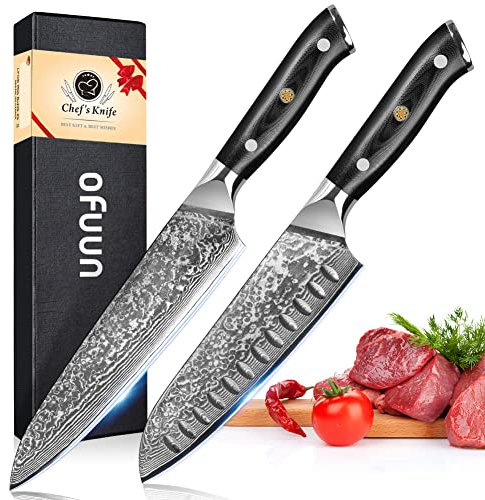 oFuun Set de Cuchillos de Cocina Profesional, 2 Piezas de Cuchillos Japoneses de Acero de Damasco - Cuchillo de Chef de 20,4 CM, Cuchillo Santoku de 17,6 CM