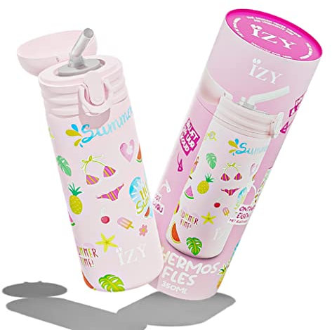 IZY Trinkflasche, Rosa, Wasserspende, Trinkflasche Kinder, Wasserflasche mit Strohhalm, Thermobecher, BPA-frei, Trinkflasche aus rostfreiem Stahl, Heiß oder kalt für 12 Stunden, 350 ml