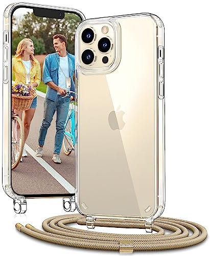 Vaykwo Handykette für Apple iPhone 12 Hülle mit Band und iPhone 12 Pro Hülle mit Band - Necklace Handyhülle - Transparente Case zum Umhängen mit Kameraschutz und Bildschirmschutz - Golden