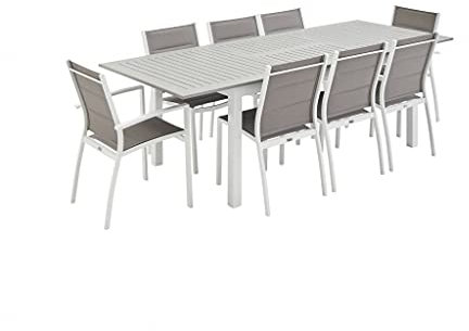 Alice's Garden - Gartengarnitur - Chicago Weiß/Taupe - Ausziehbarer Tisch175/245 cm mit Verlängerung und 8 Sitzen aus Textilene