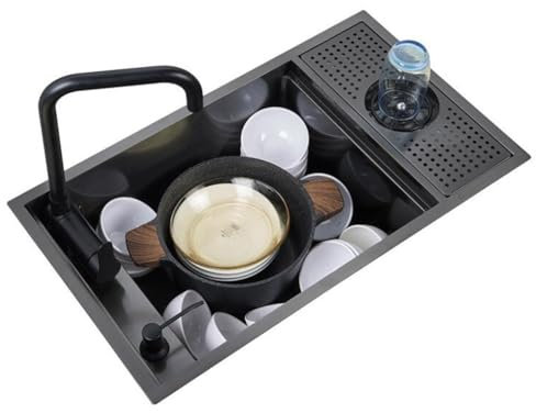 Fregadero Oculto De Cocina Fregadero De Bar Comercial De Cafetería Con Lavavasos Fregadero De Sifón Para Vehículos Recreativos Con Tapa, Grifo Plegable Ahorra Espacio ( Color : negro , S : 55*32*22cm