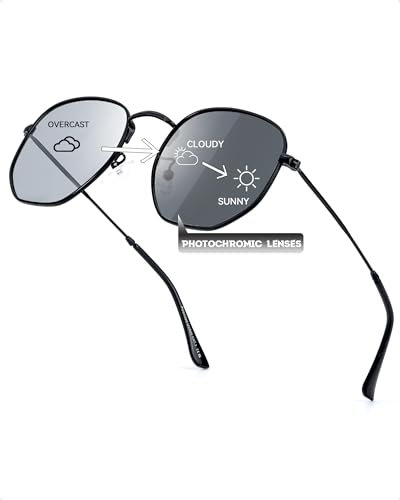 TJUTR Selbsttönend Sonnenbrille Herren Polarisiert Photochrome Brille UV400 Schutz Blendfrei Ultraleicht und Stylisch Sechseck Metallrahmen