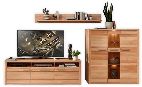 NATURE ONE Wohnwand Komplett-Set in Kernbuche teil-massiv FSC-zertifiziert - Moderne Schrankwand mit LED-Beleuchtung für Ihr Wohnzimmer - 330 x 180 x 45 cm (B/H/T)