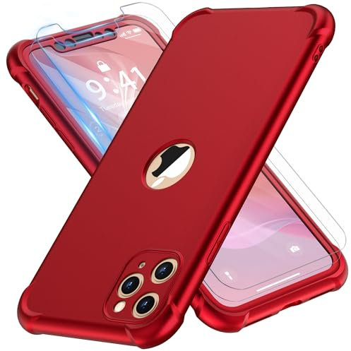 ORETECH for iPhone 11 Pro Case, with [ 2 x Tempered Glass Screen Protector] 360 Shockproof Heavy Duty Protection Ultra Thin Hard PC Silicone TPU Rubber Bumper Case Cover for iPhone 11 Pro - Red