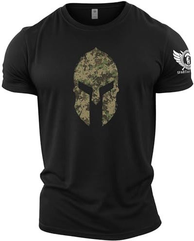 GYMTIER Spartan Forged – Spartan Helmet Woodland Camo – T-shirt de gym pour homme, bodybuilding, entraînement, levage