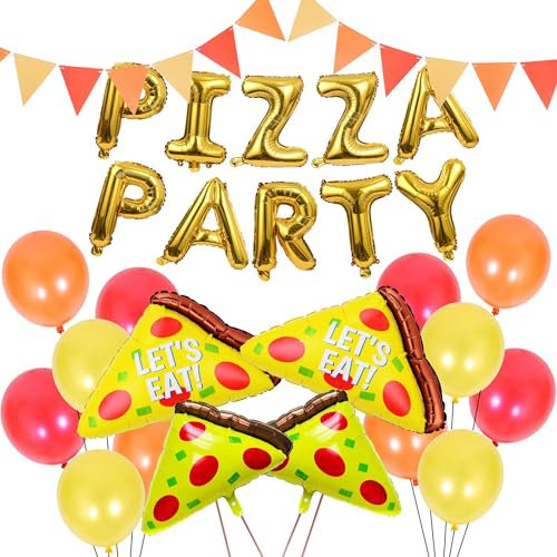 Pizza Balloon Party Decorations Set - 27 Pcs Pizza Gold Letter Mylar Foil Balloons Triangle Bunting for Baby Shower Decorations