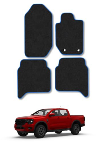 Compatible with Car Mats for Ford Ranger (2011-2022) Carpet | Blue Edge Trim Tailored Fit Floor Mats Full Coverage Protection Accessories Easy Clean Anti Slip Made in the UK
